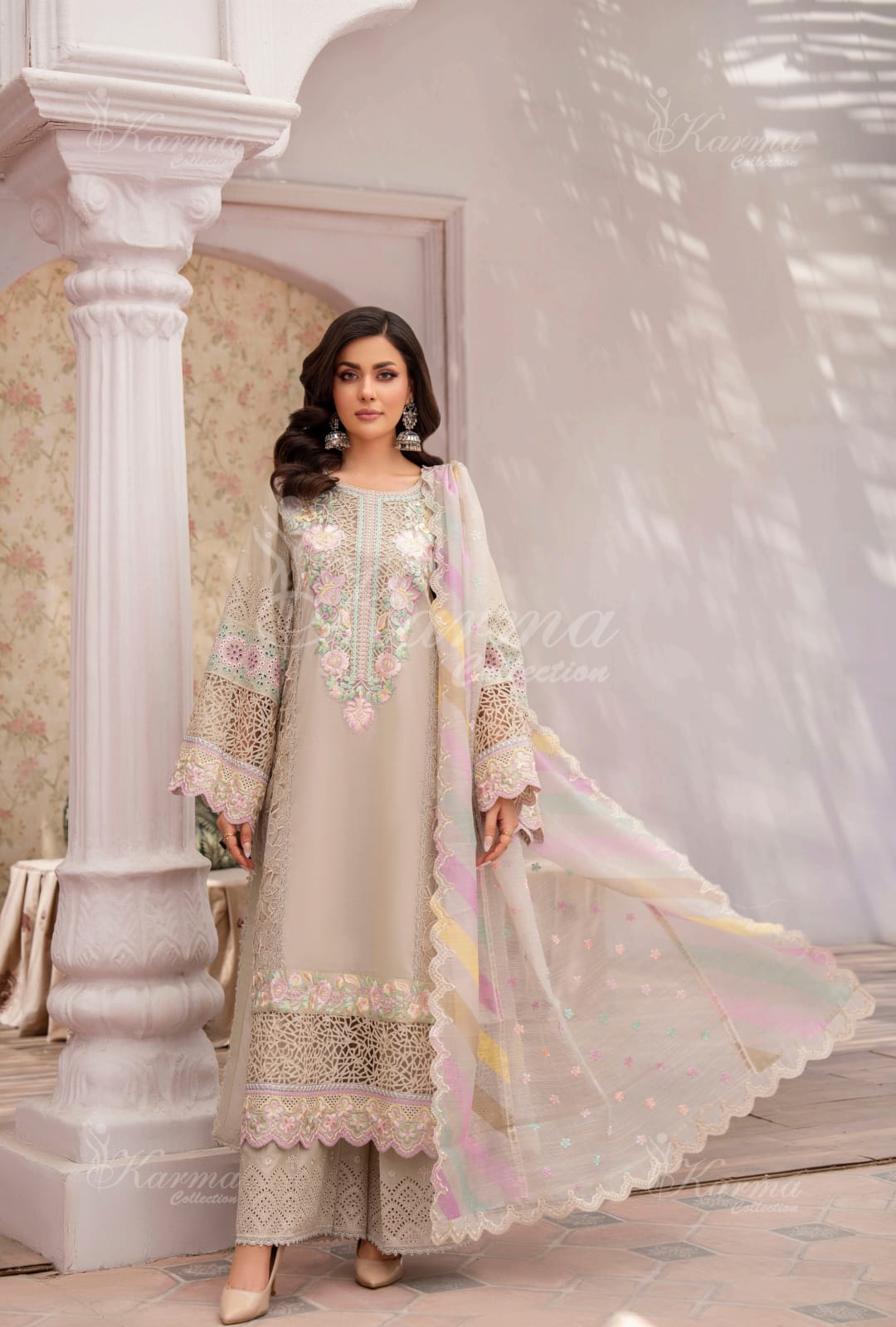 Karma 2024 Collection | 3 PC Stitched Suit | Light Gold
