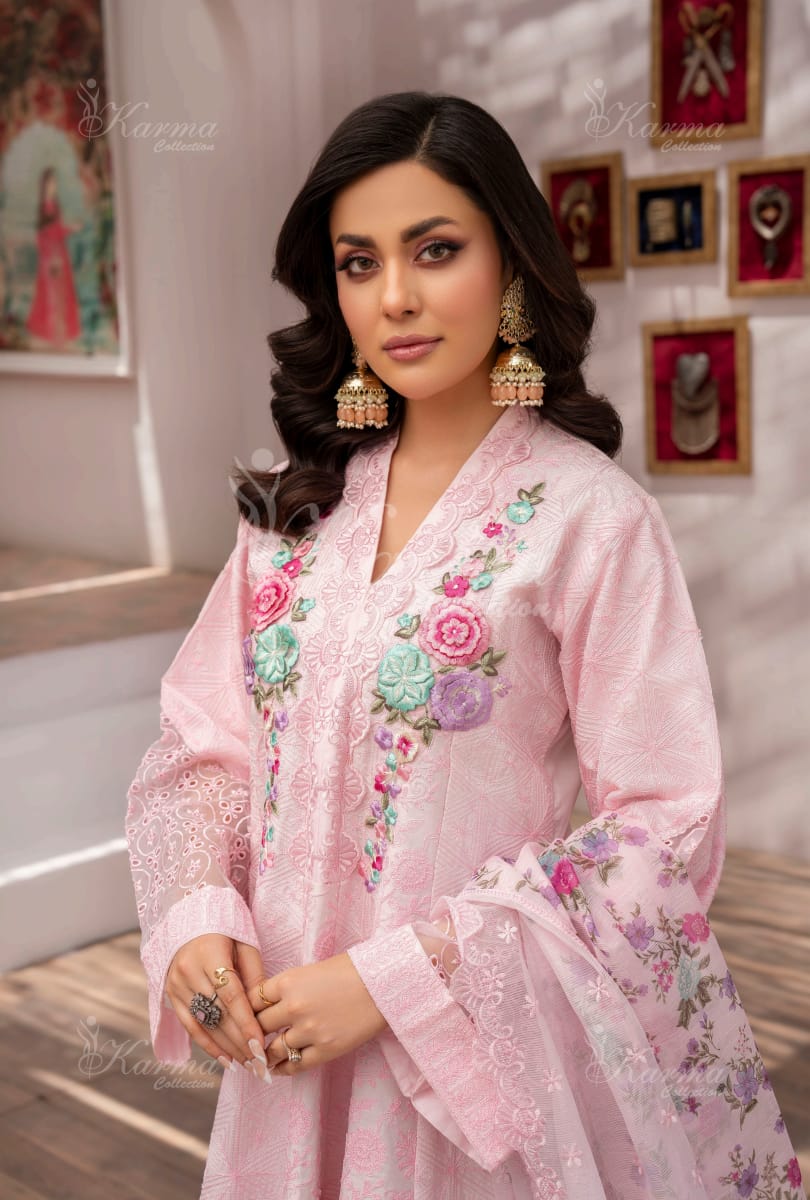 Karma 2024 Collection | 3 PC Stitched Suit | Rose Pink