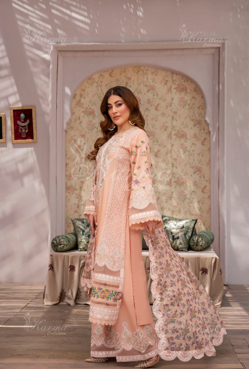 Karma 2024 Collection | 3 PC Stitched Suit | Peach